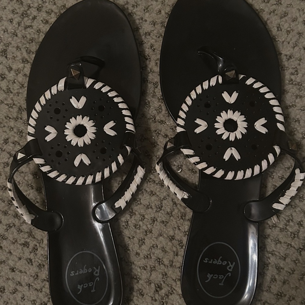 Jack Rogers Black and White Sandals with Whipstitch Design